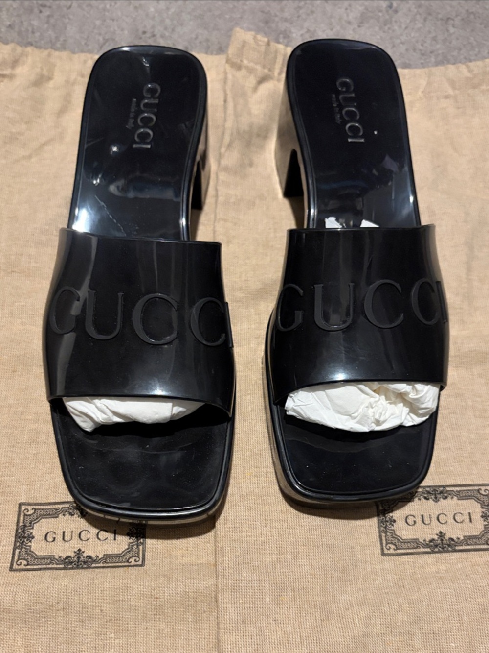 Gucci Black Patent Logo Mule Sandals